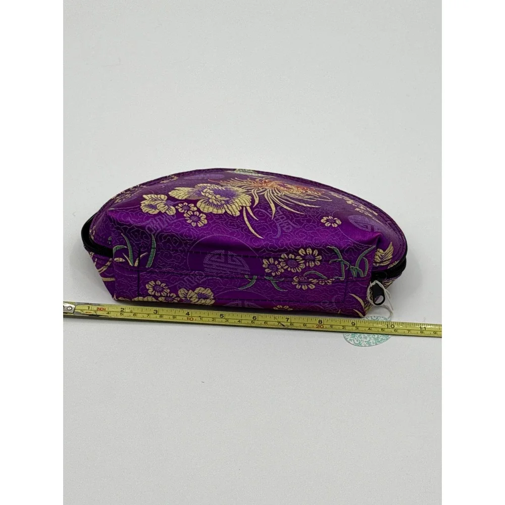 Purple Floral Brocade Makeup Bag Oriental Satin Cosmetic Pouch Made in USA NWT
